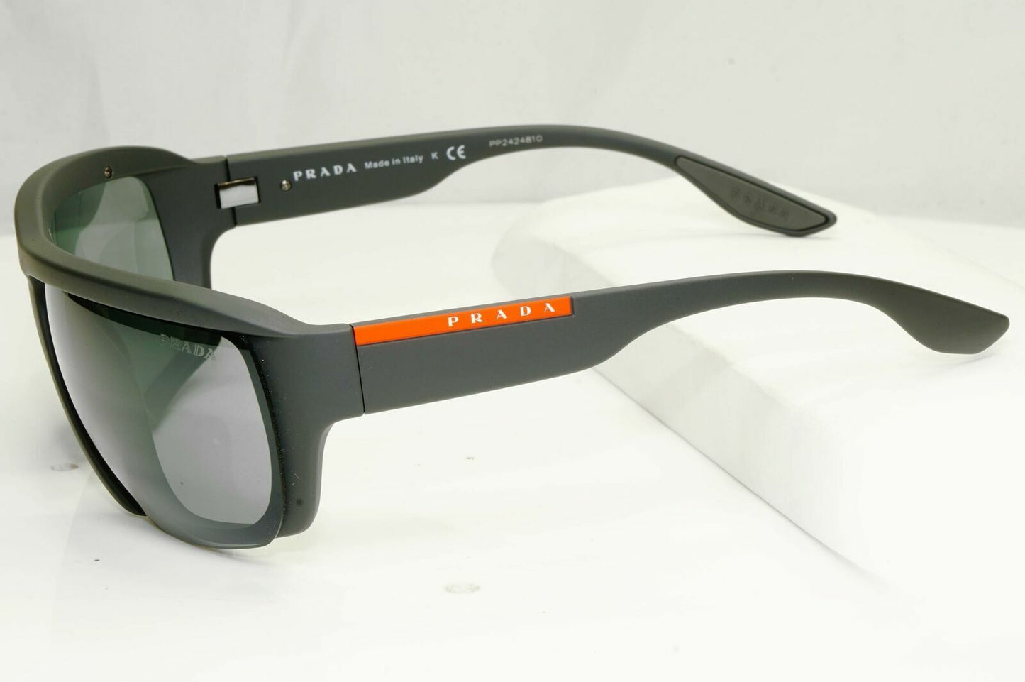 Prada Black Grey Mirror Mens Sunglasses SPS 09V TFZ-09F Red Stripe Rossa Matte
