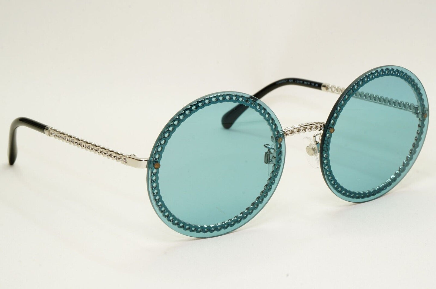 Chanel Sunglasses Chain Round Rimless Metal Silver Blue CH 4245 c.124/80
