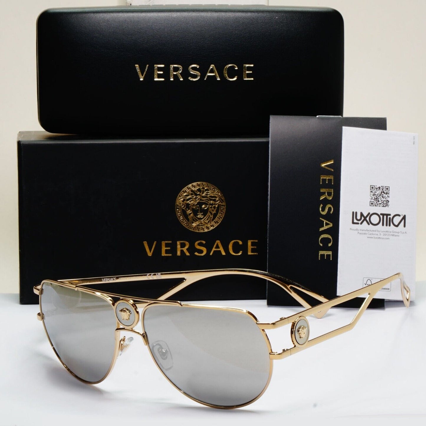 Versace Sunglasses Gold Silver Mirror Pilot Navigator MOD VE2225 1252/6G 60mm