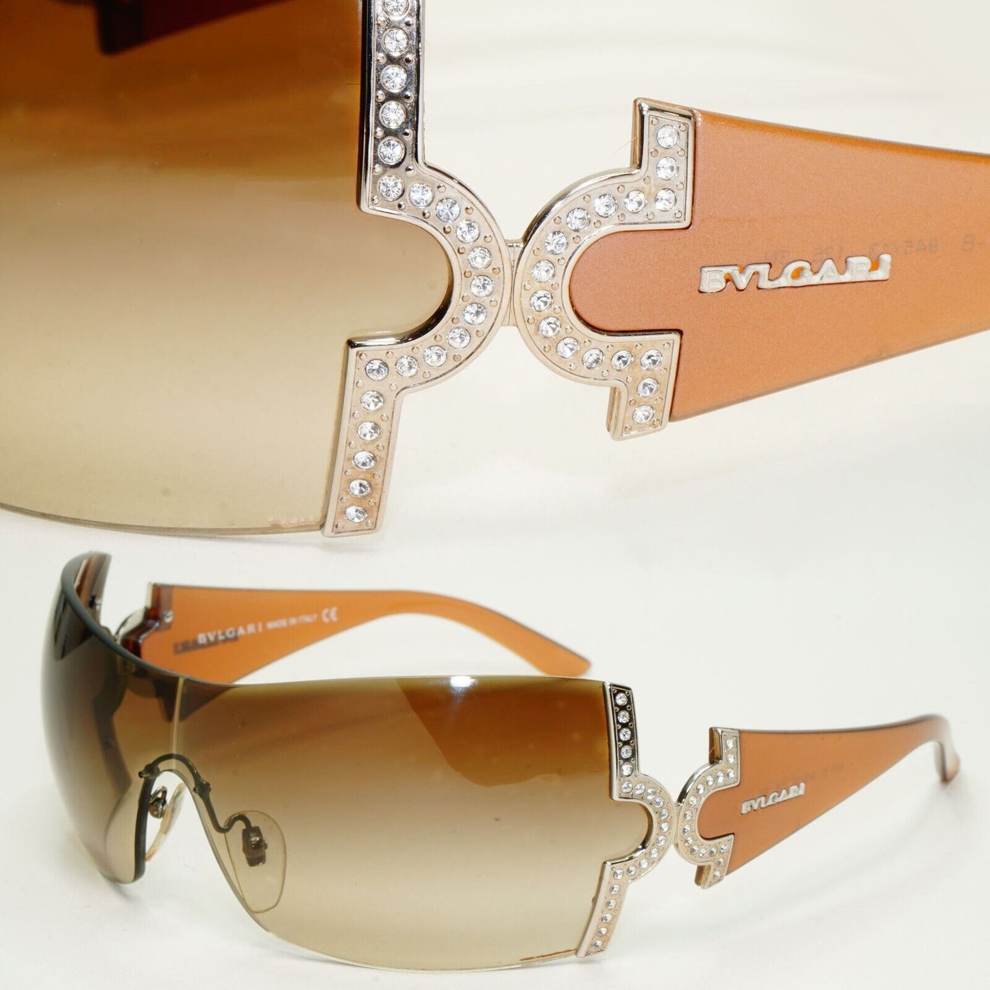 Bvlgari Sunglasses 2008 Vintage Brown Shield Crystal Large 651-B 945/13 051124
