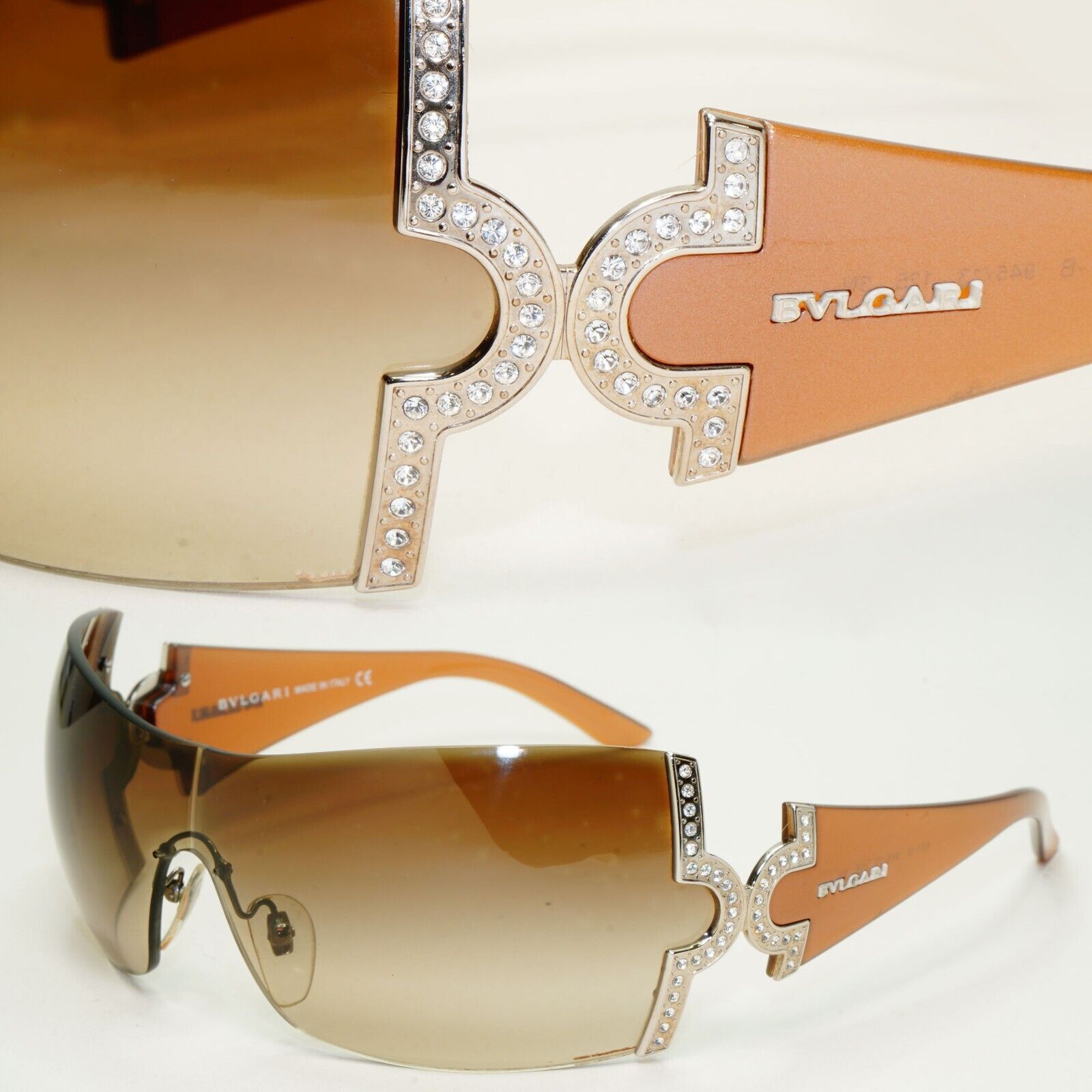 Bvlgari Sunglasses 2008 Vintage Brown Shield Crystal Large 651-B 945/13 051124