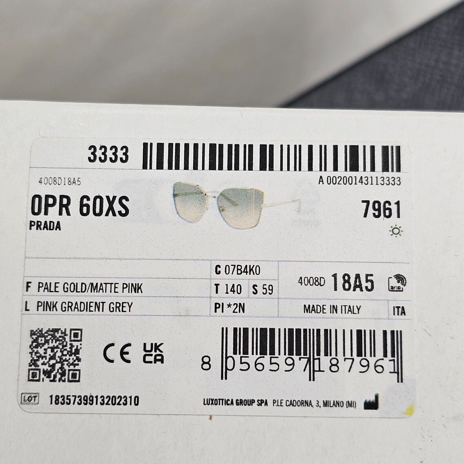 Prada Sunglasses Gold Square Metal Grey Pink Gradient PR60XS SPR 60X 07B-4K0