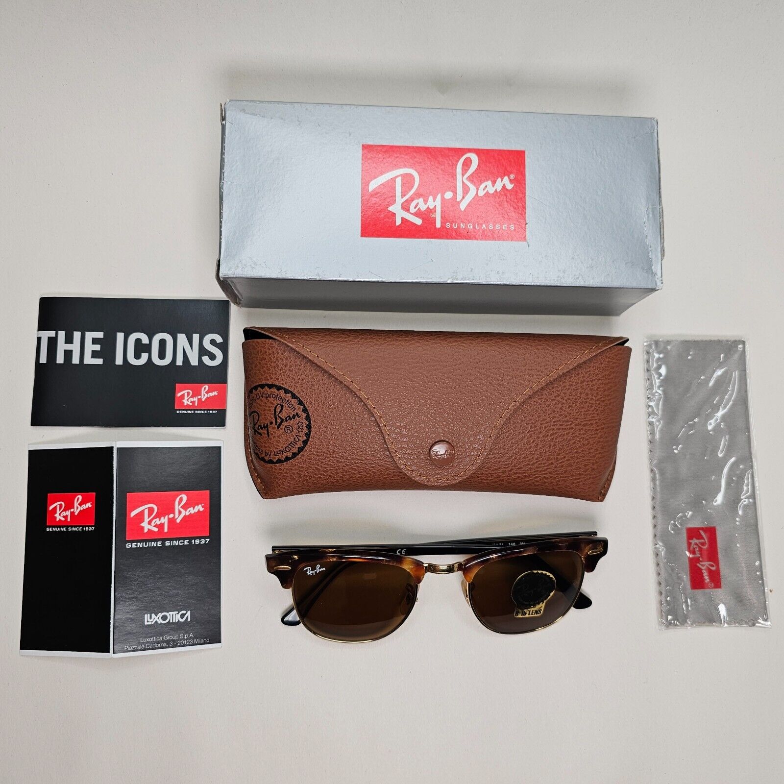 Ray-Ban Sunglasses Clubmaster Fleck Havana Brown Black Gold RB 3016 1160 49mm