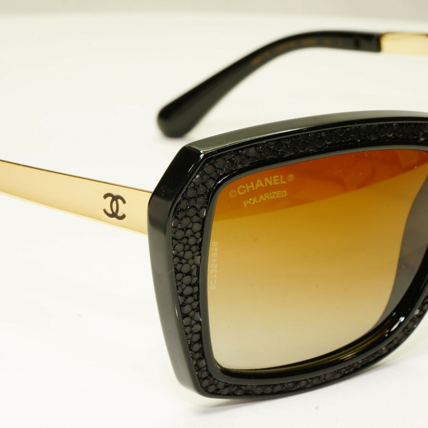 Chanel Stingray Leather Sunglasses Polarized Black Gold Brown 6047-Q 622/S9