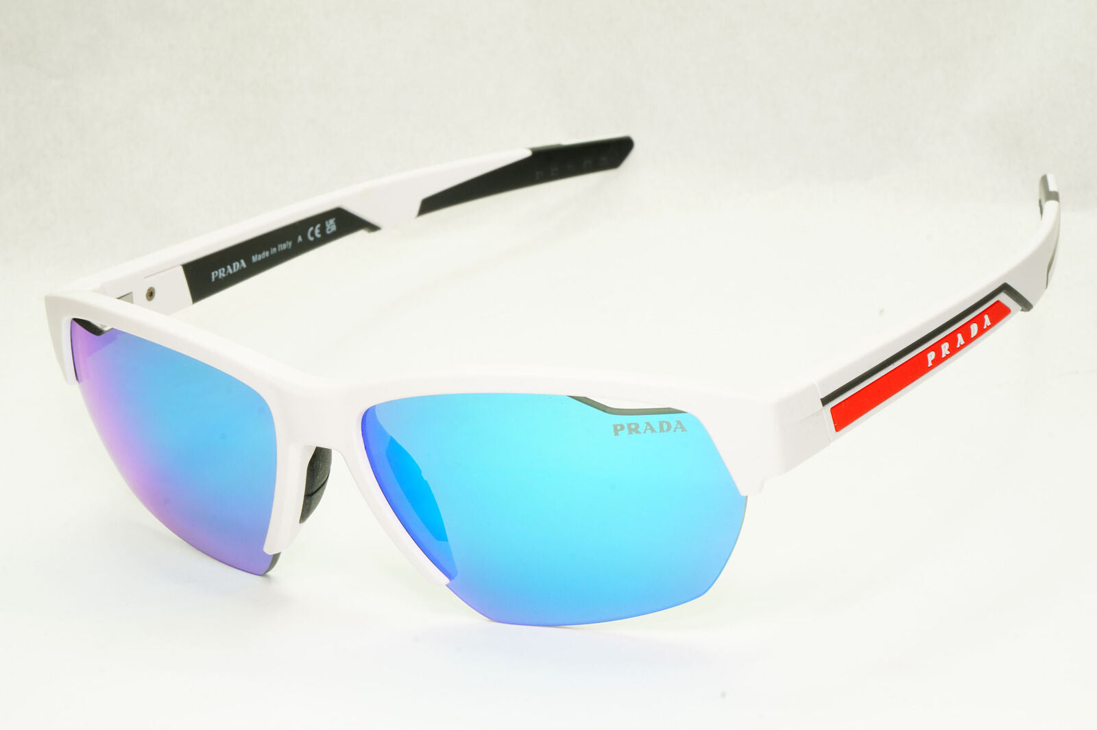 Prada Sunglasses White Blue Mirror Wrap Sport Red Stripe PS03YS SPS 03Y AAI-08R
