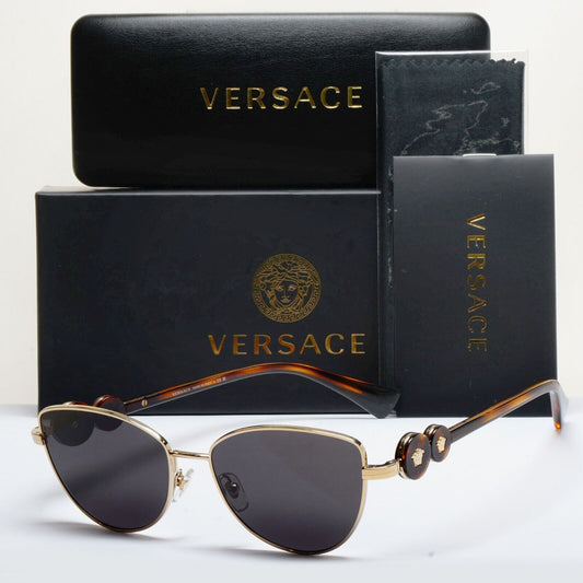 Versace Sunglasses Gold Medusa Black Brown Cat Eyee Metal MOD VE 1284 1489 55mm
