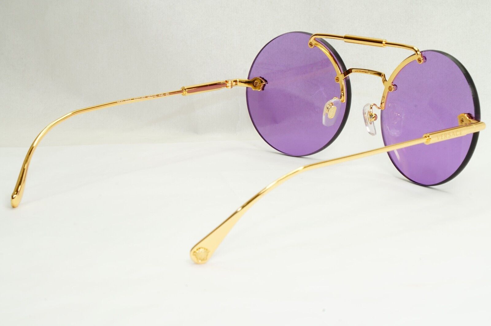 Versace Sunglasses Gold Round Rimless Medusa Violet MOD VE 2244 1002/69 56mm