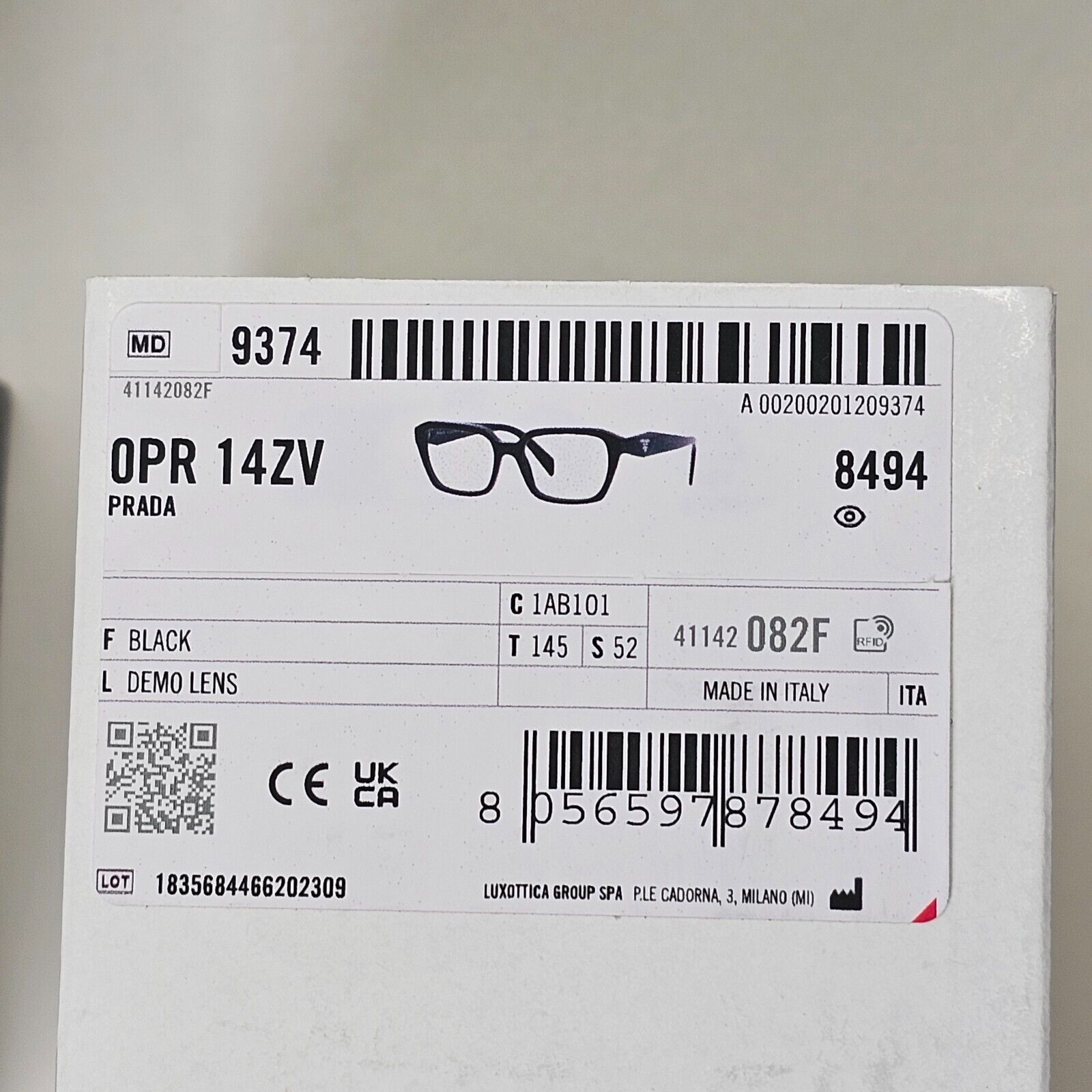 Prada Sunglasses Symbole Glossy Black Square PR14ZV VPR 14Z 1AB-1O1 52mm