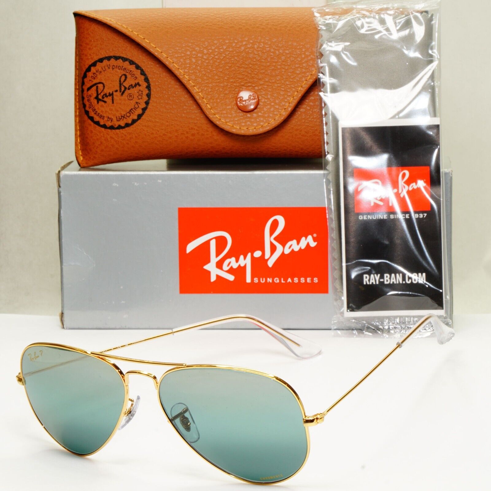 Ray-Ban Sunglasses Aviator Polarised Chromance Gold Green RB 3025 9196/G6 58mm