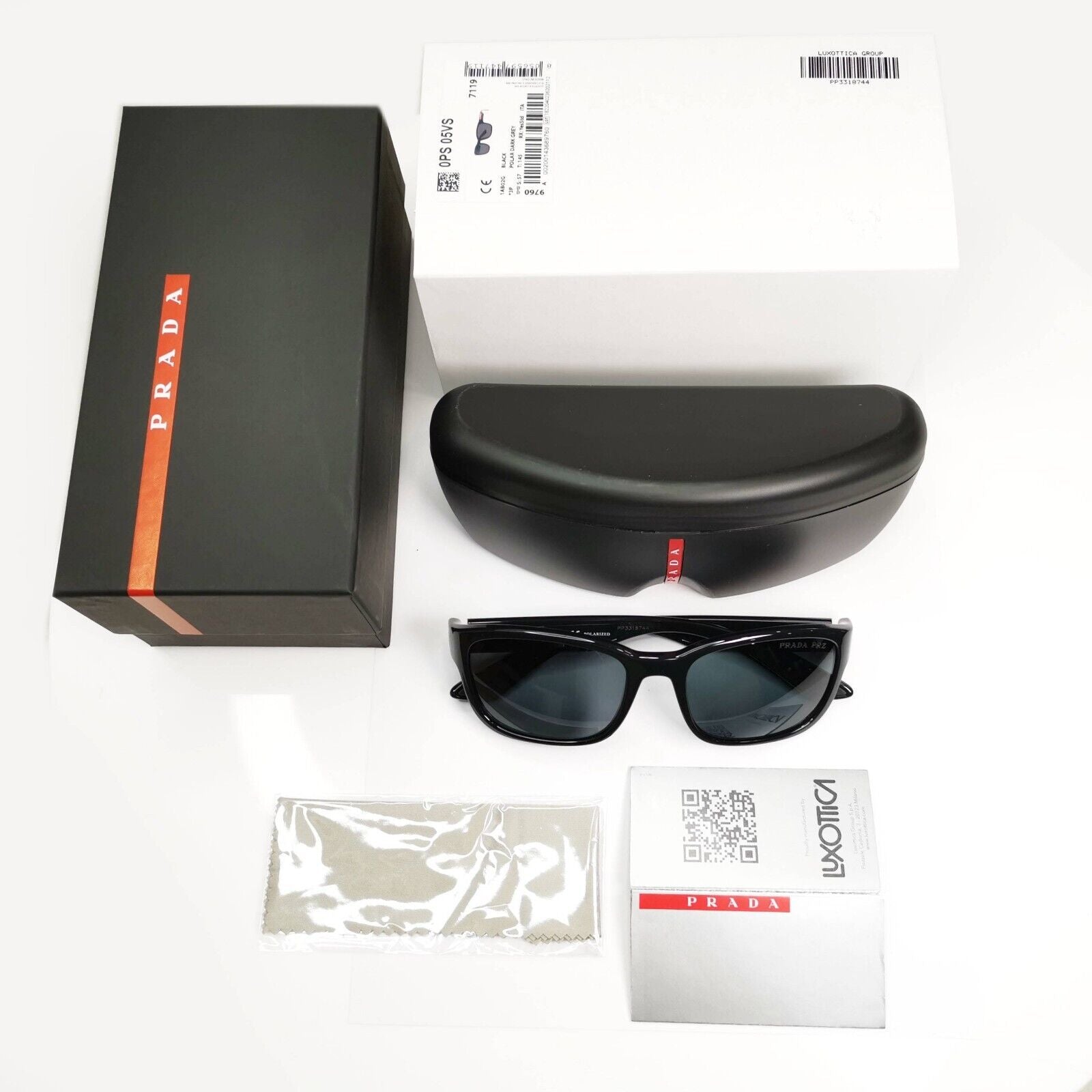 Prada Polarized Black Grey Sunglasses Square Mens Red Stripe SPS 05V 1AB-02G [A]