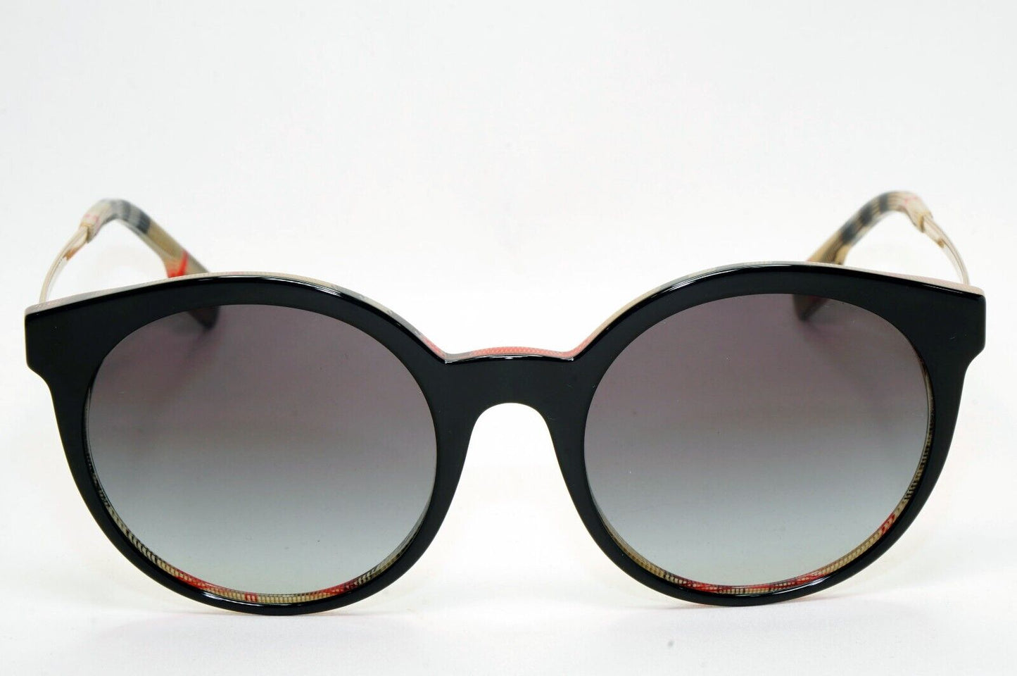 Burberry Sunglasses Black Gold Grey Gradient Round Plaid Check BE 4296 3806/8G