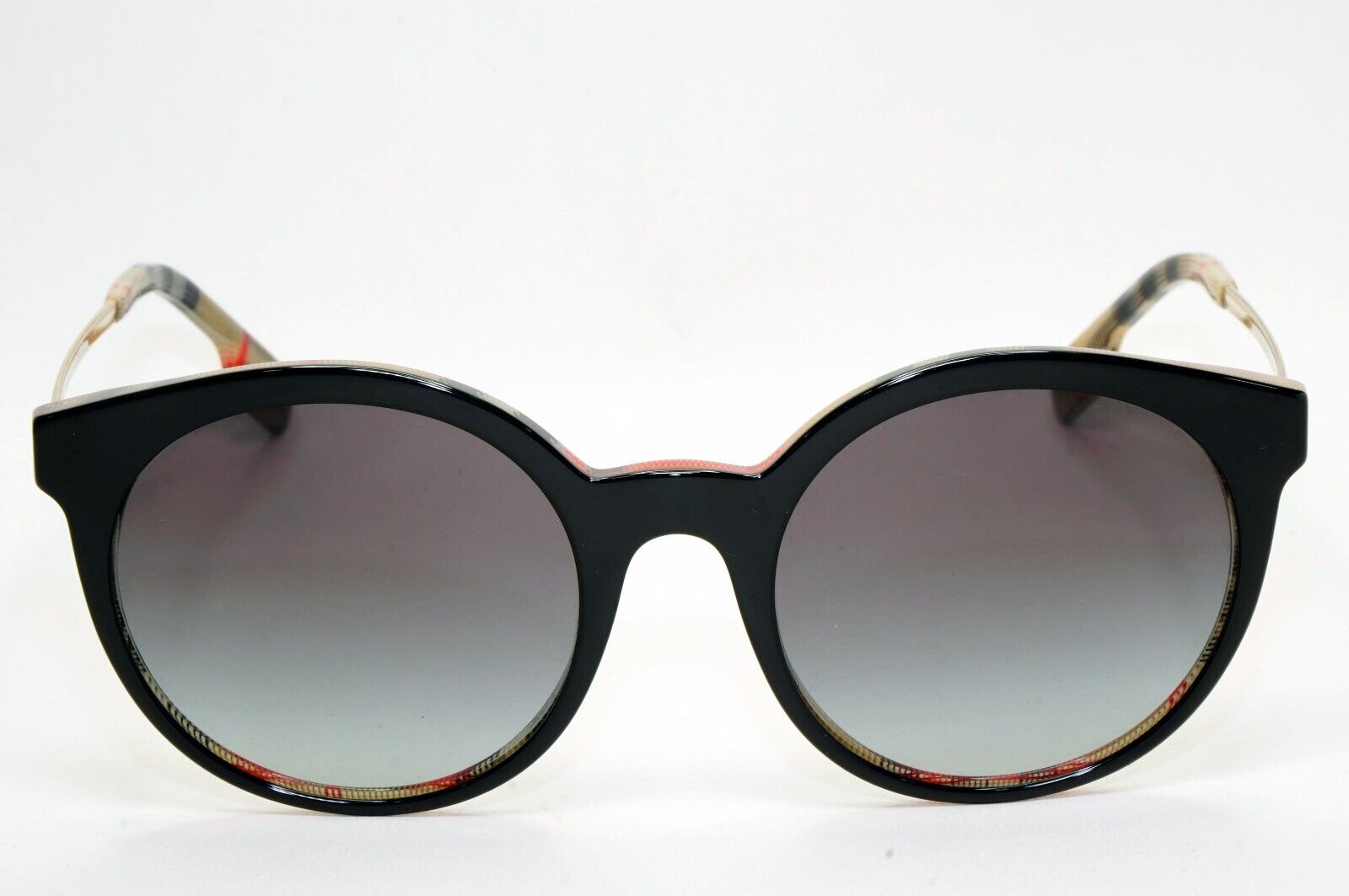 Burberry Sunglasses Black Gold Grey Gradient Round Plaid Check BE 4296 3806/8G