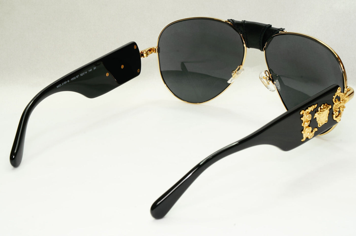 Versace Sunglasses Black Gold Pilot Medusa Leather Ornate MOD VE 2150-Q 1002/87