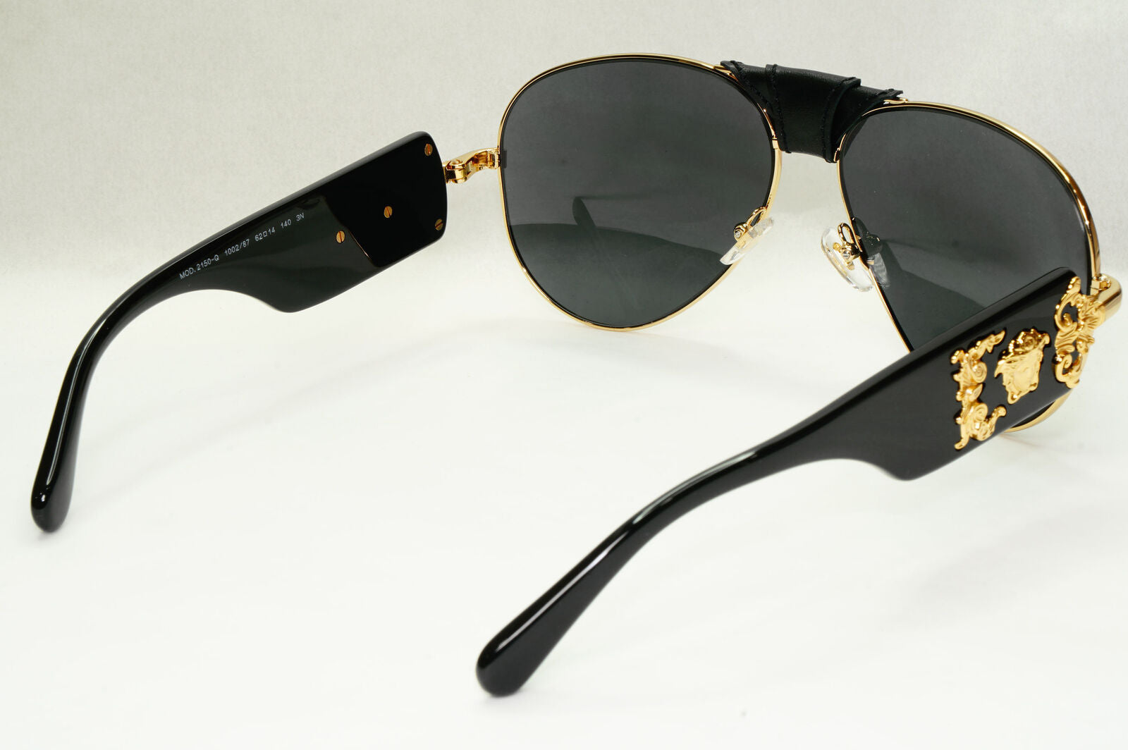 Versace Sunglasses Black Gold Pilot Medusa Leather Ornate MOD VE 2150-Q 1002/87