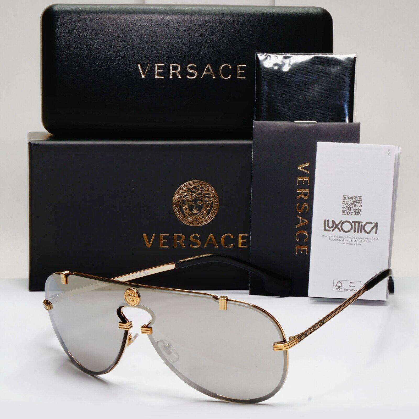 Versace Sunglasses Gold Silver Mirror Medusa Pilot Shield MOD VE 2243 1002/6G
