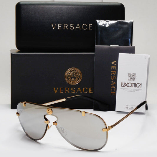 Versace Sunglasses Gold Silver Mirror Medusa Pilot Shield MOD VE 2243 1002/6G