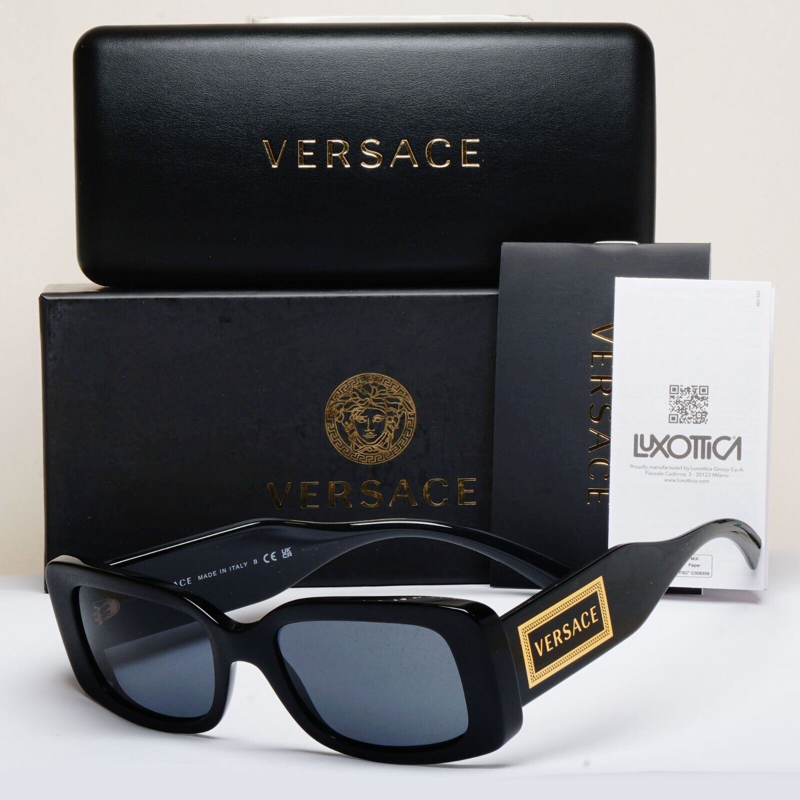 Versace Sunglasses Black Gold Square Dark Grey MOD VE 4377 GB1/87 52mm