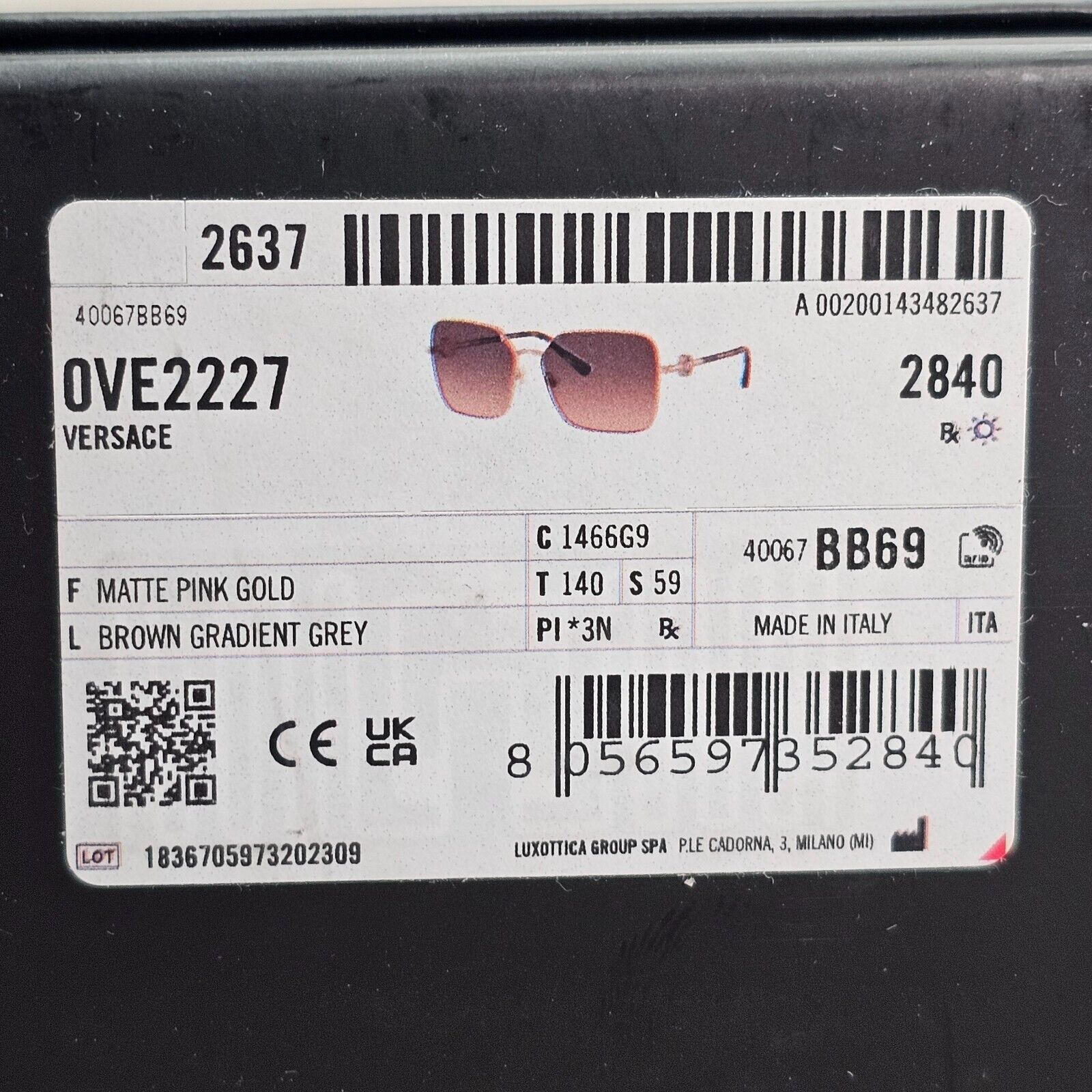 Versace Sunglasses Gold Brown Gradient Matte Square Medusa MOD VE 2227 1466/G9