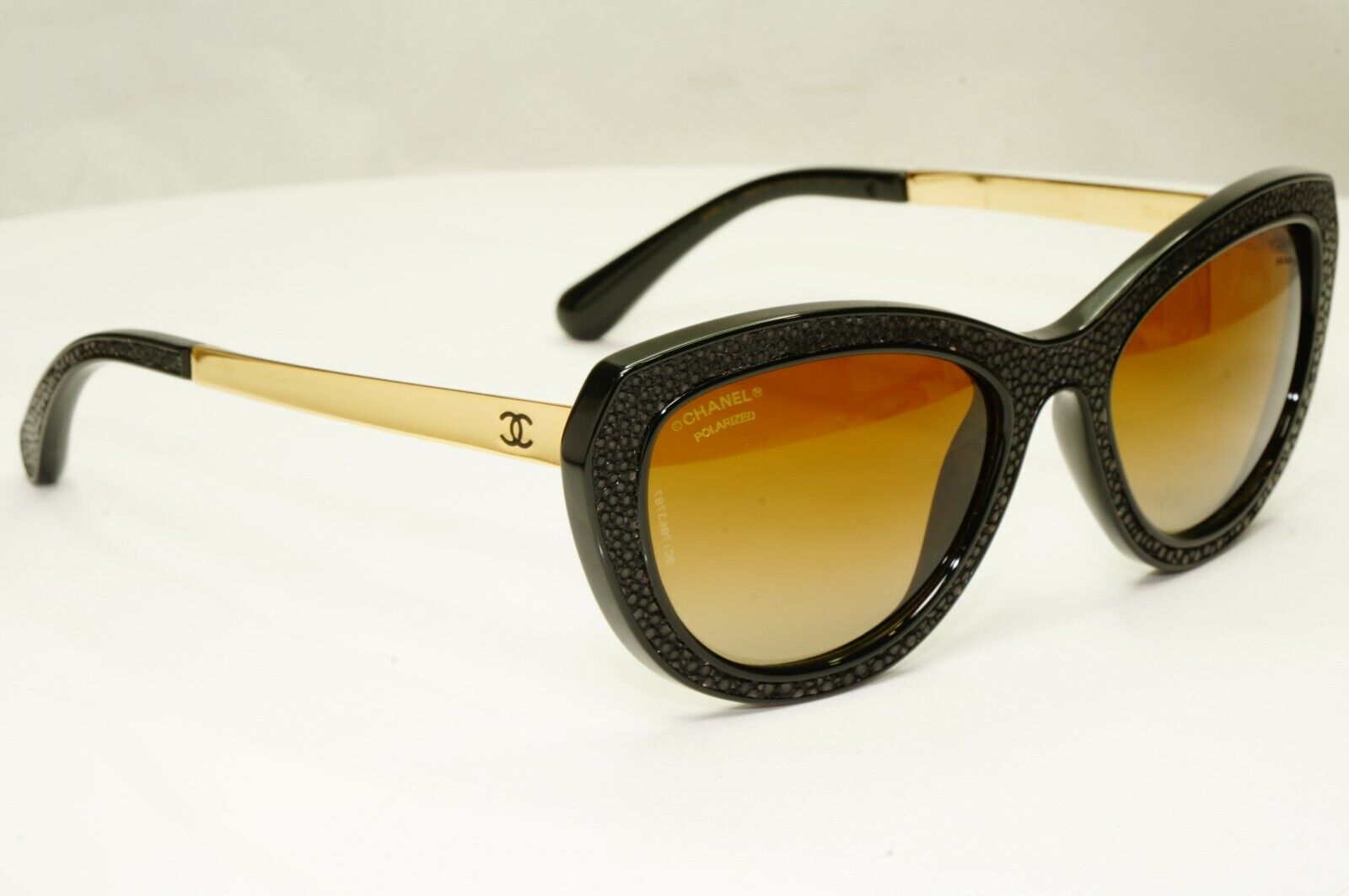 Chanel Stingray Leather Sunglasses Polarized Black Gold Brown 6046-Q 622/S9