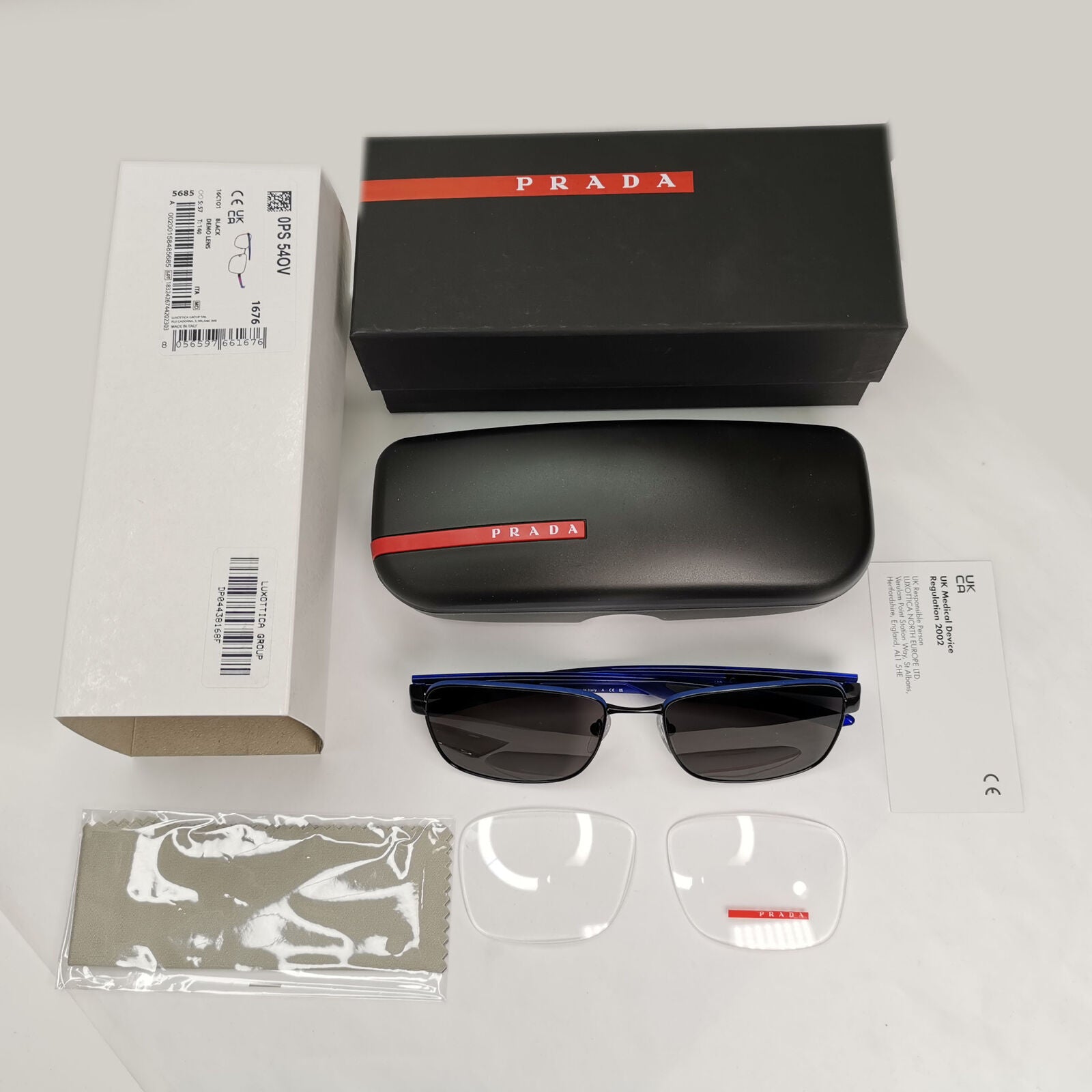 Prada Sunglasses Black Blue Square Red Stripe PS54OV VPS 54O 16C-1O1 57mm