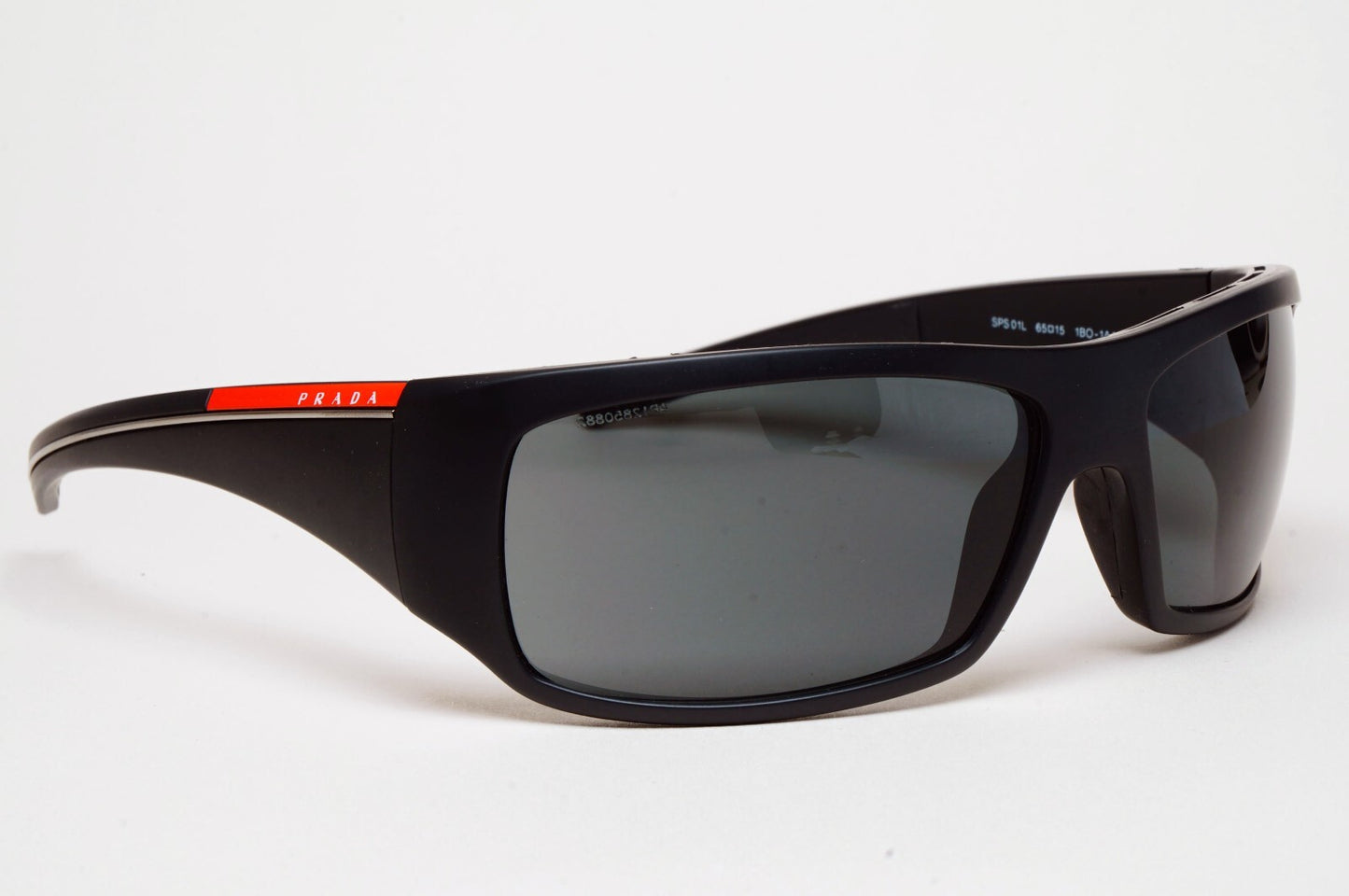 Prada Sunglasses Black Mattw Wrap Red Stripe PS01LS SPS 01L 1BO-1A1 130225