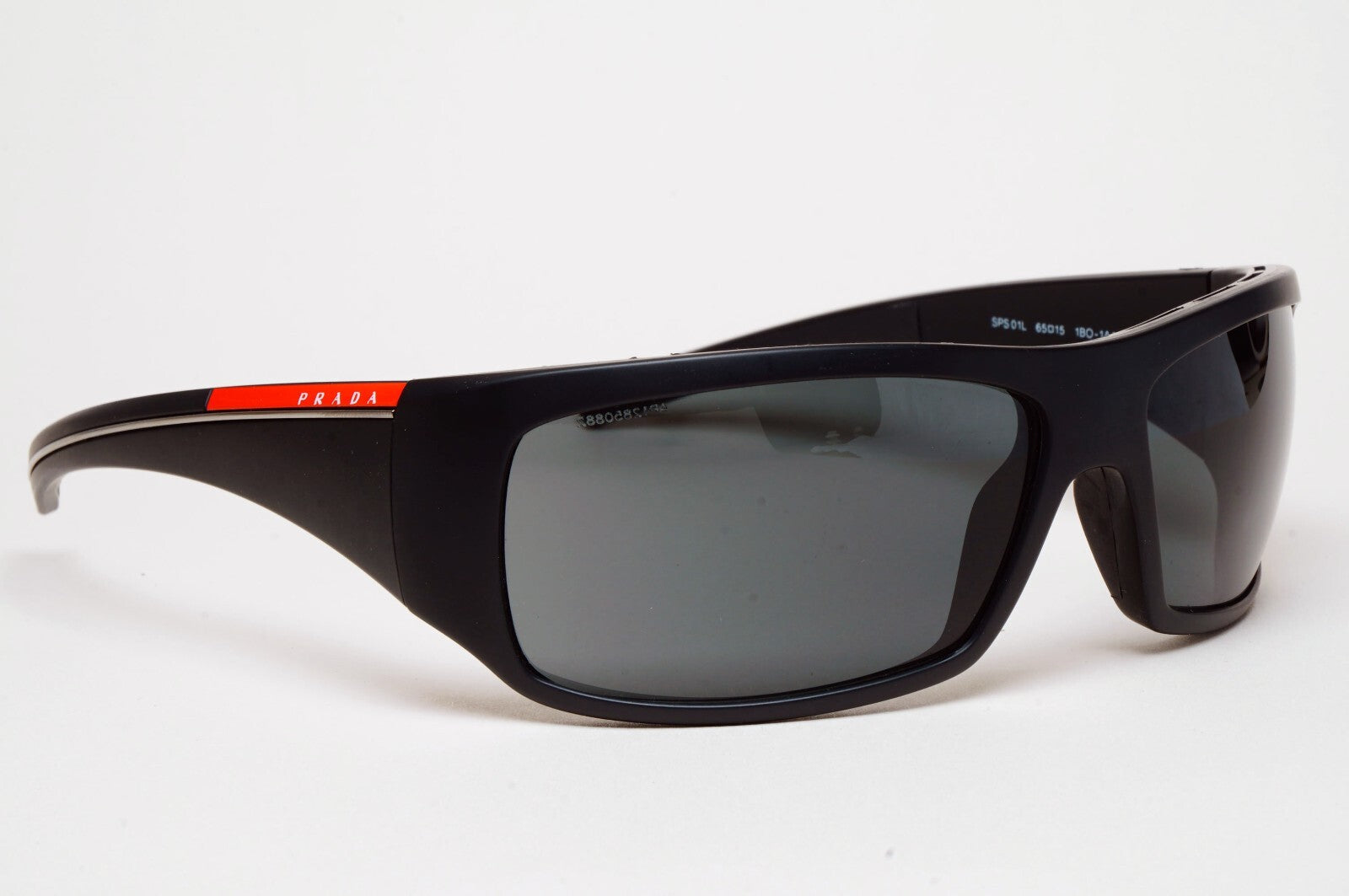 Prada Sunglasses Black Mattw Wrap Red Stripe PS01LS SPS 01L 1BO-1A1 130225