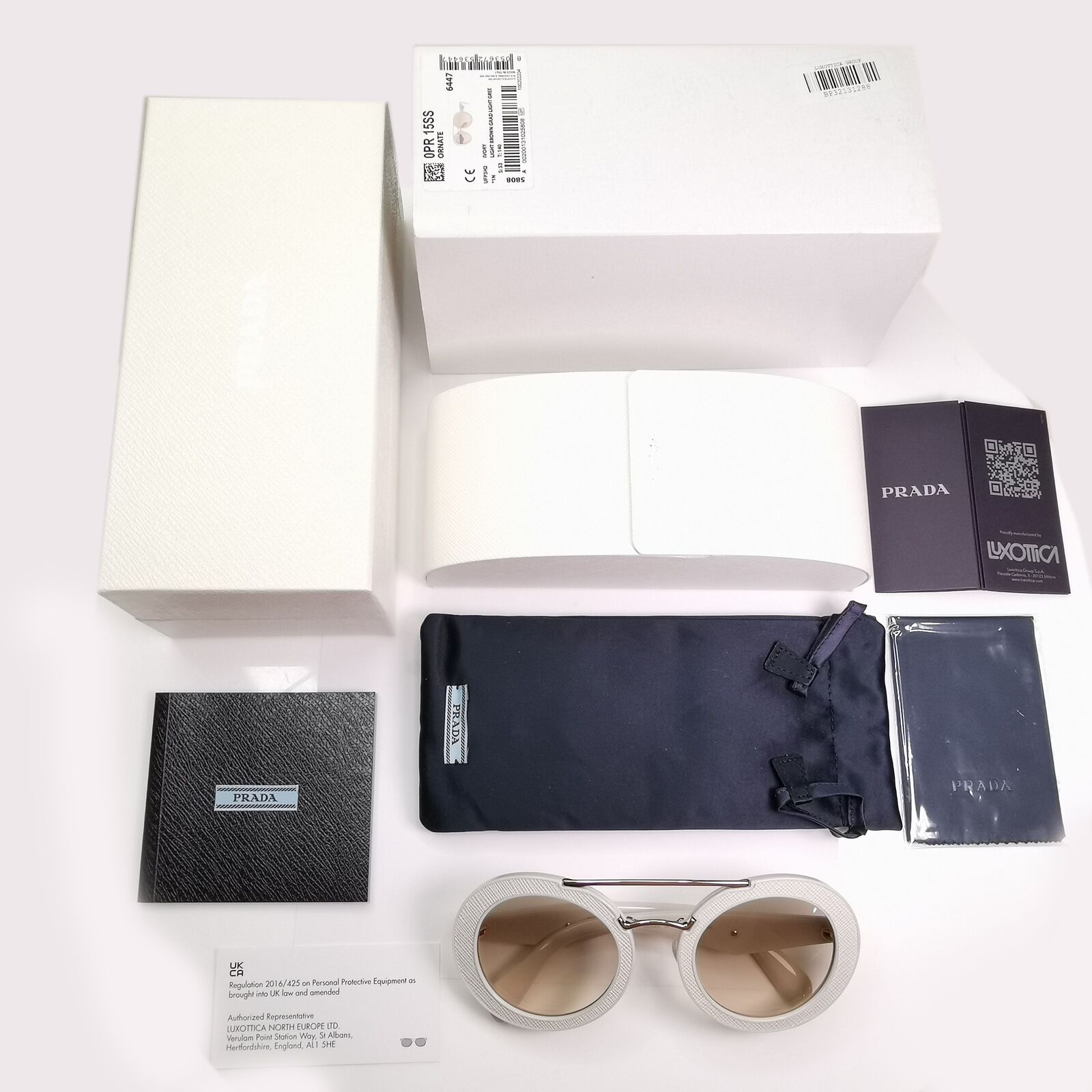 Prada White Ivory Ornate Sunglasses Leather Triangle Gold PR15SS SPR 15S UFP-3H2