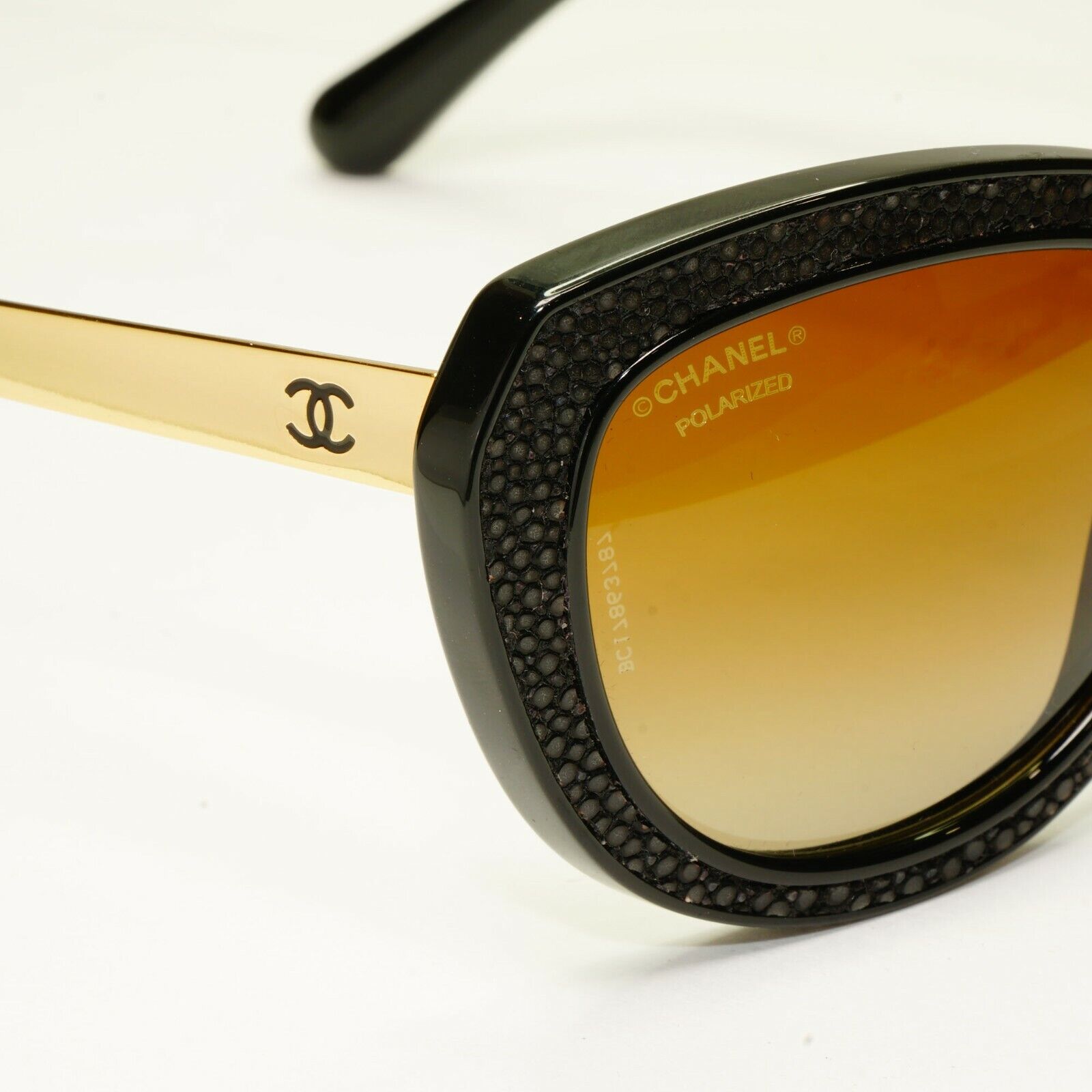 Chanel Stingray Leather Sunglasses Polarized Black Gold Brown 6046-Q 622/S9