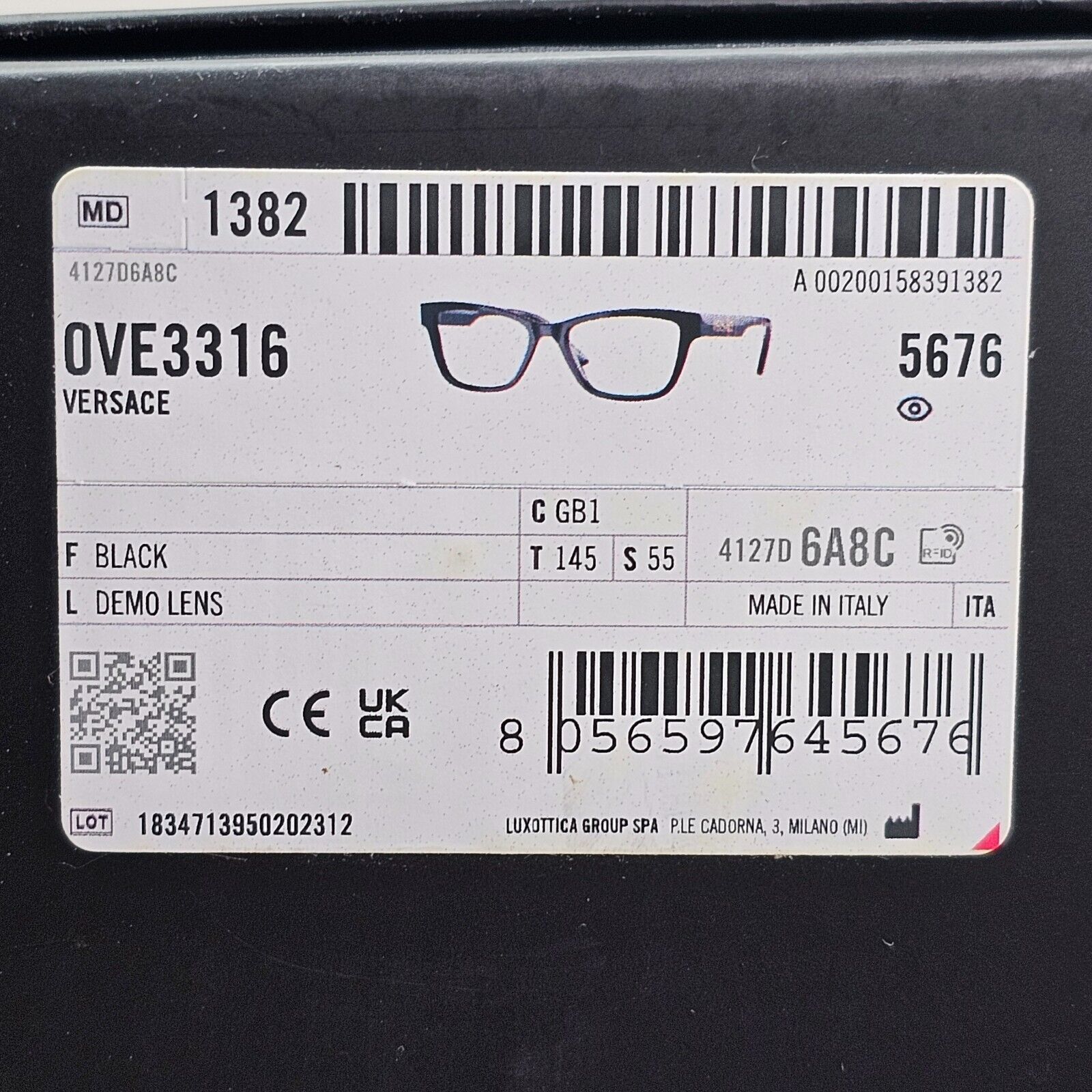 Versace Sunglasses Black Gold Letters Rectangle MOD VE 3316 GB1 55mm