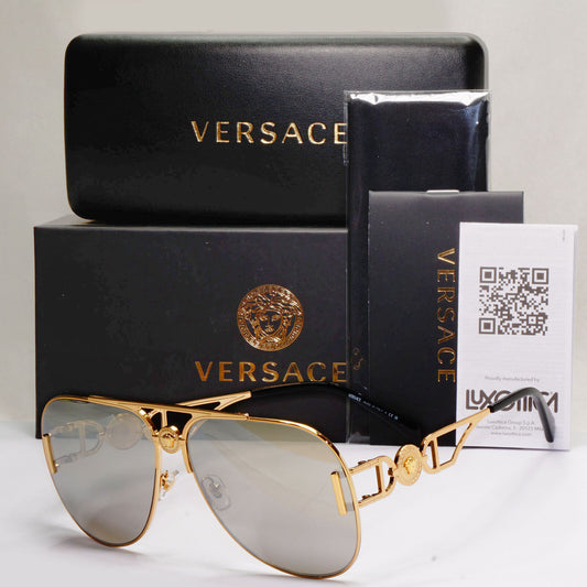 Versace Sunglasses Gold Silver Mirror Medusa Metal Pilot MOD VE 2255 1002/6G
