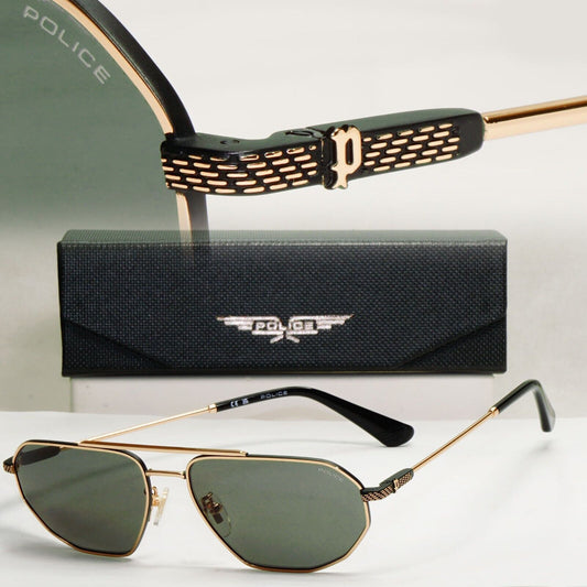 Police Sunglasses Gold Black Metal Angular Pilot Green SPL F66 Octane 2 COL 0302