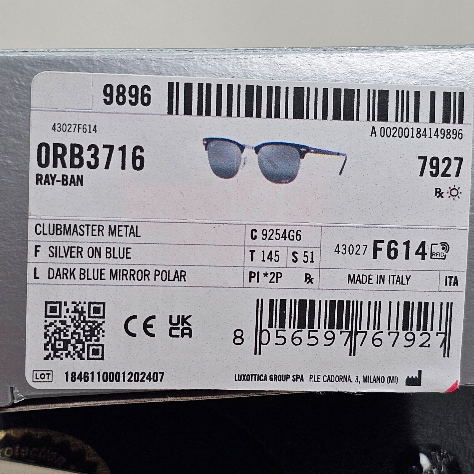 Ray-Ban Sunglasses Clubmaster Metal Polarised Chromance Blue RB 3716 9254/G6