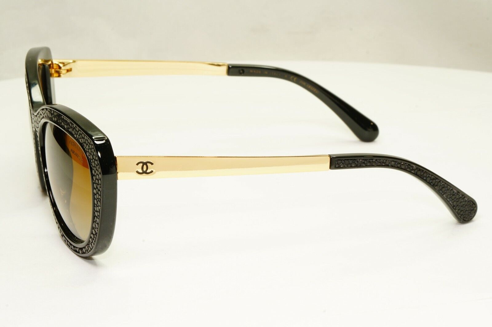 Chanel Stingray Leather Sunglasses Polarized Black Gold Brown 6046-Q 622/S9