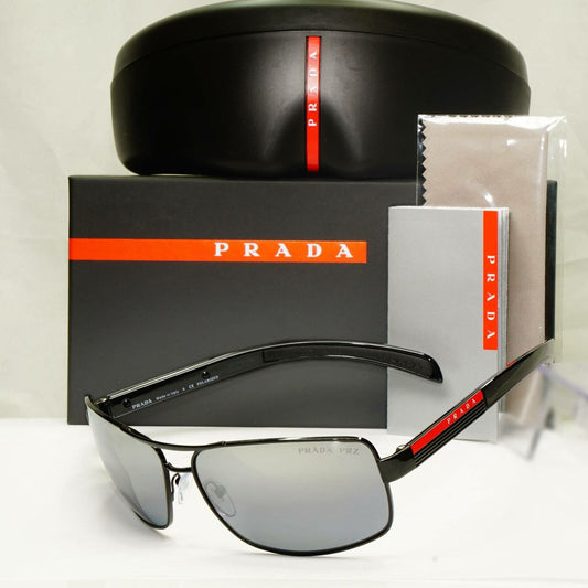 Prada Sunglasses Polarized Black Silver Mirror Navigator PS54IS SPS 54I 1AB-2F2