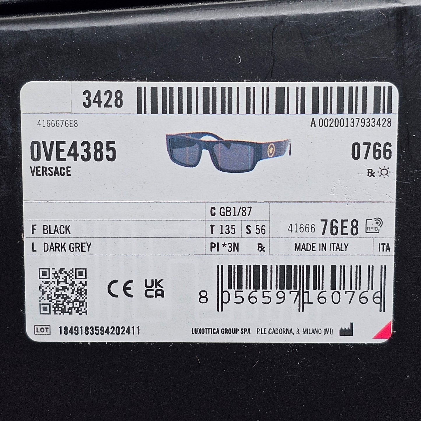 Versace Sunglasses Black Gold Medusa Rectangle RB 4385 GB1/87 56mm
