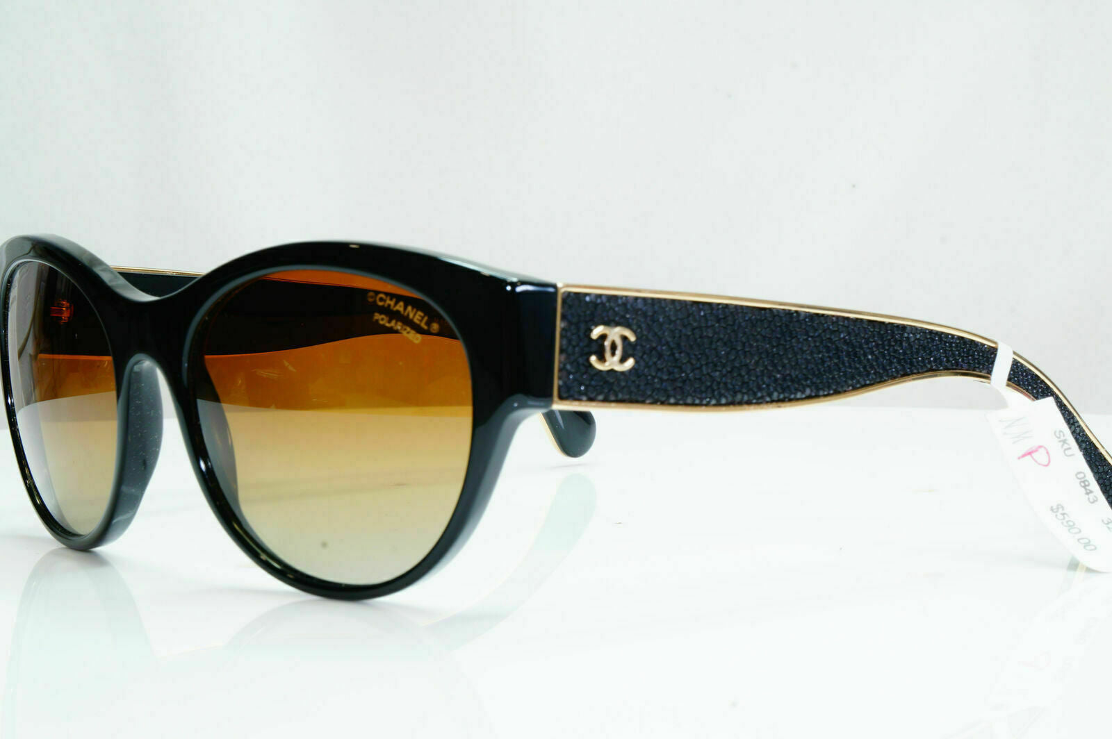 Chanel Polarized Stingray Leather Sunglasses Black Gold Womens 5273 622/S0 26743