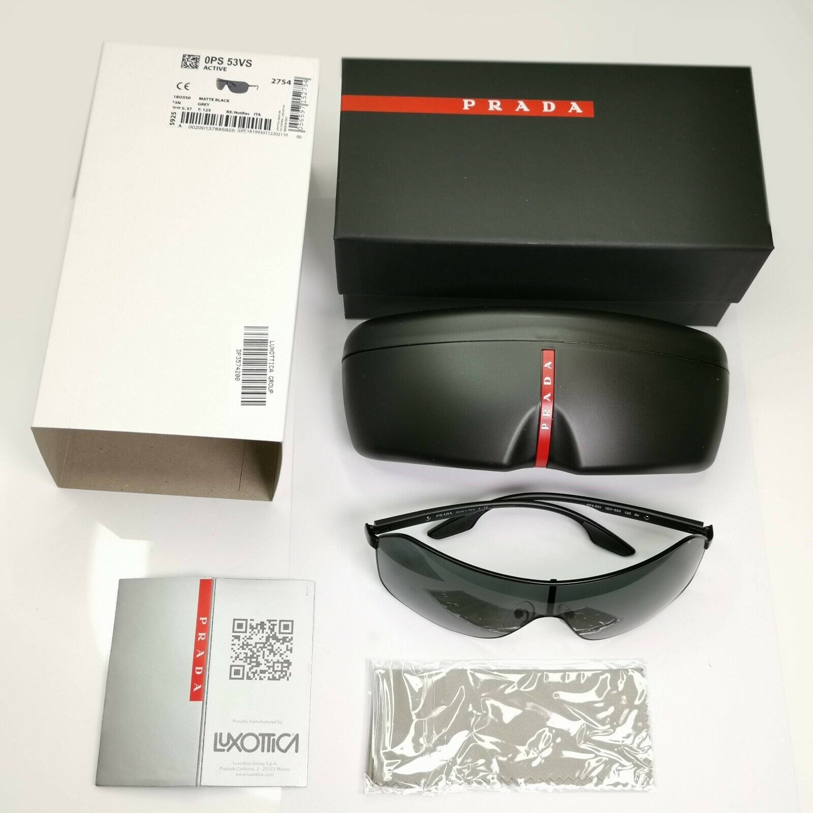 Prada Sunglasses Black Shield Visor Wrap Sport PS53VS SPS 53V 1BO-5S0 Red Stripe