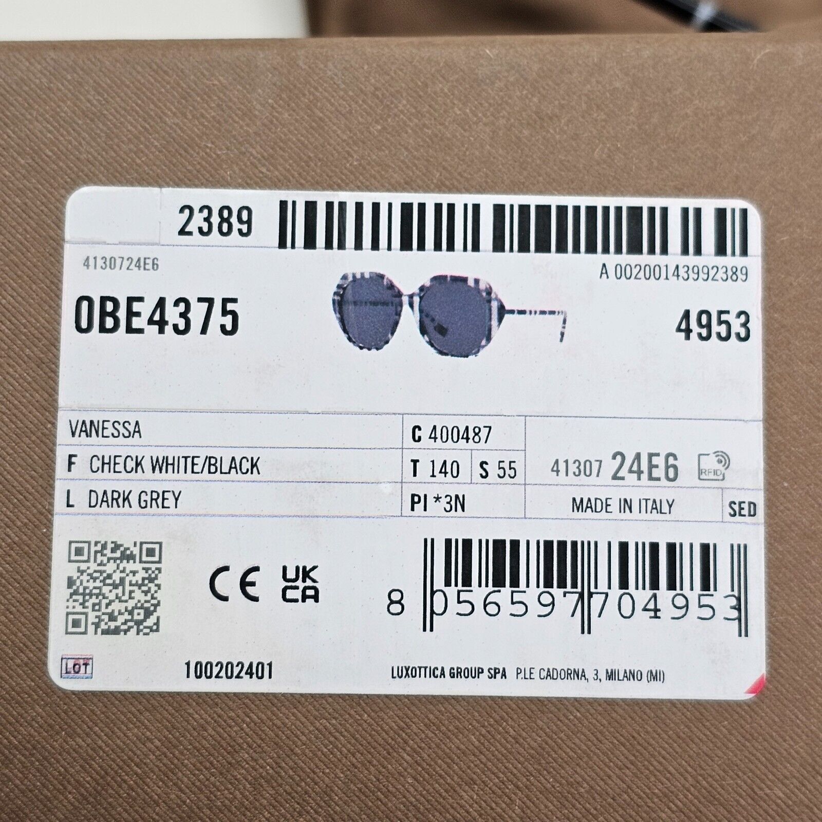 Burberry Sunglasses Black White Grey Check Plaid Vanessa BE 4375 4004/87 55mm