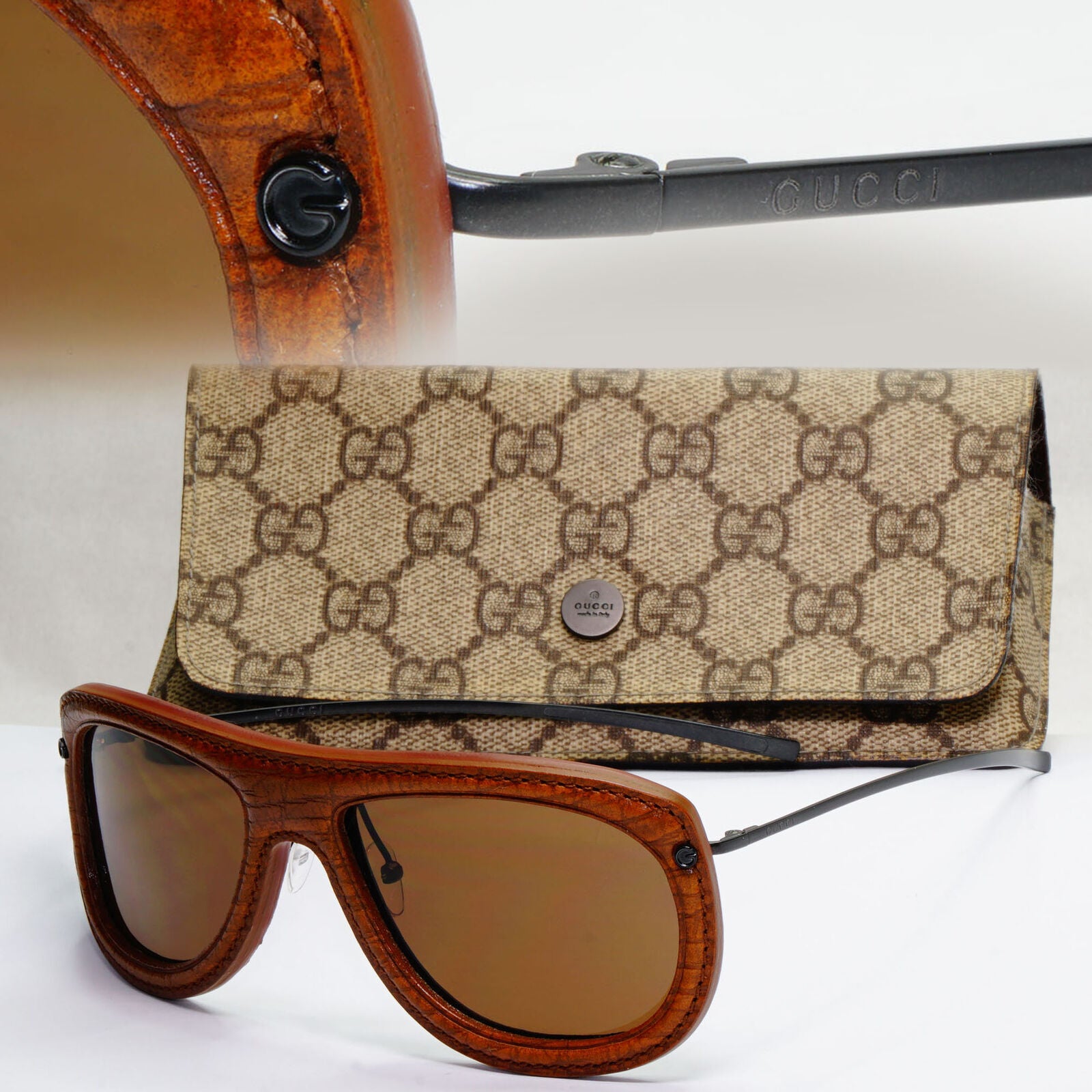 Gucci Sunglasses 1999 Vintage Rare Leather Brown Pilot GG 1736/N/S 7N7 130224