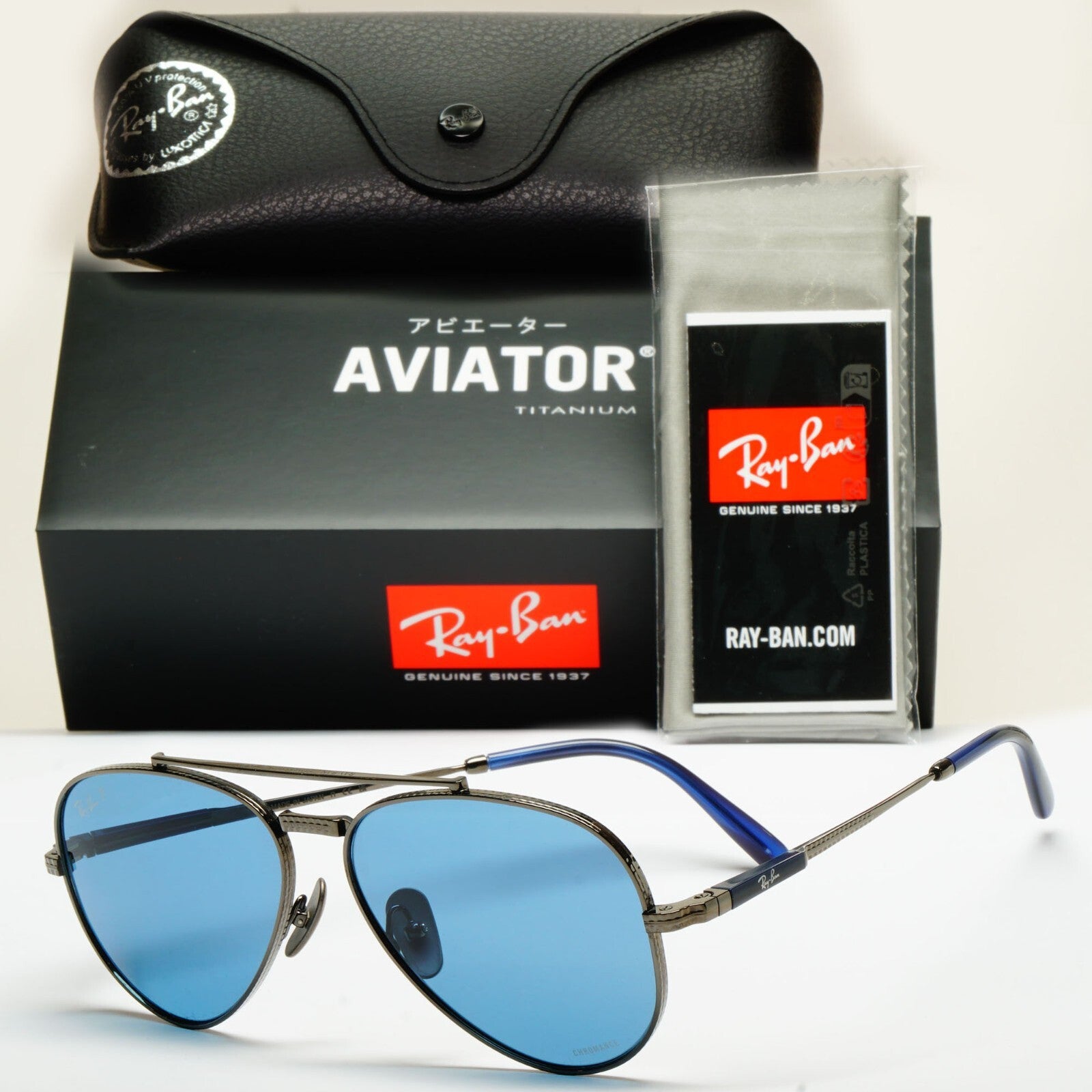 Ray-Ban Sunglasses Aviator Titanium Polarised Gunmetal Blue RB 8225 3142/S2 58mm