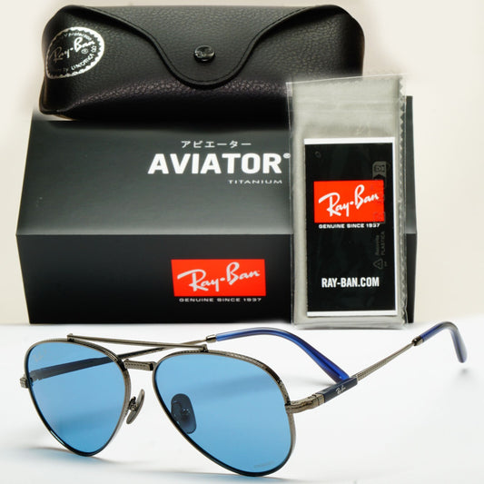 Ray-Ban Sunglasses Aviator Titanium Polarised Gunmetal Blue RB 8225 3142/S2 58mm