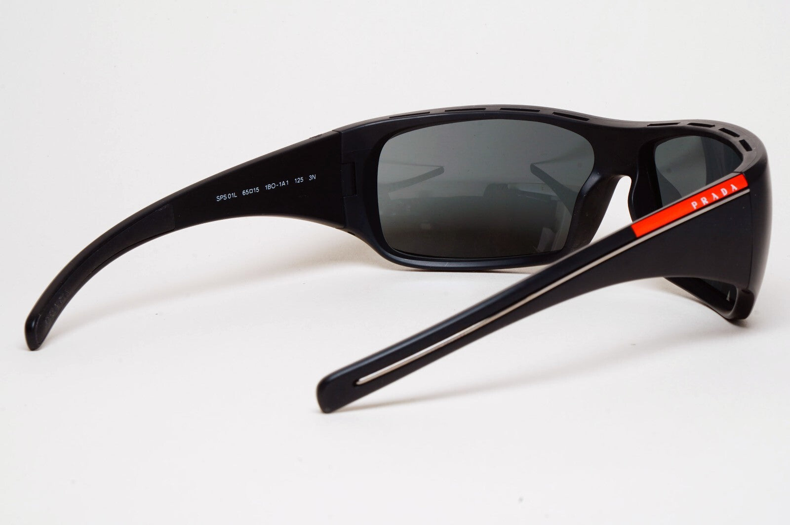 Prada Sunglasses Black Mattw Wrap Red Stripe PS01LS SPS 01L 1BO-1A1 130225