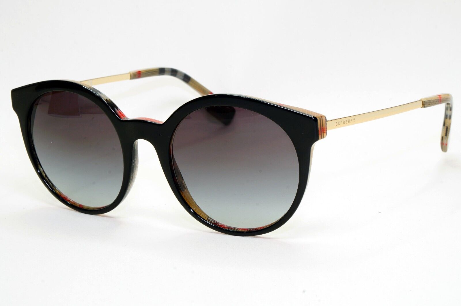 Burberry Sunglasses Black Gold Grey Gradient Round Plaid Check BE 4296 3806/8G