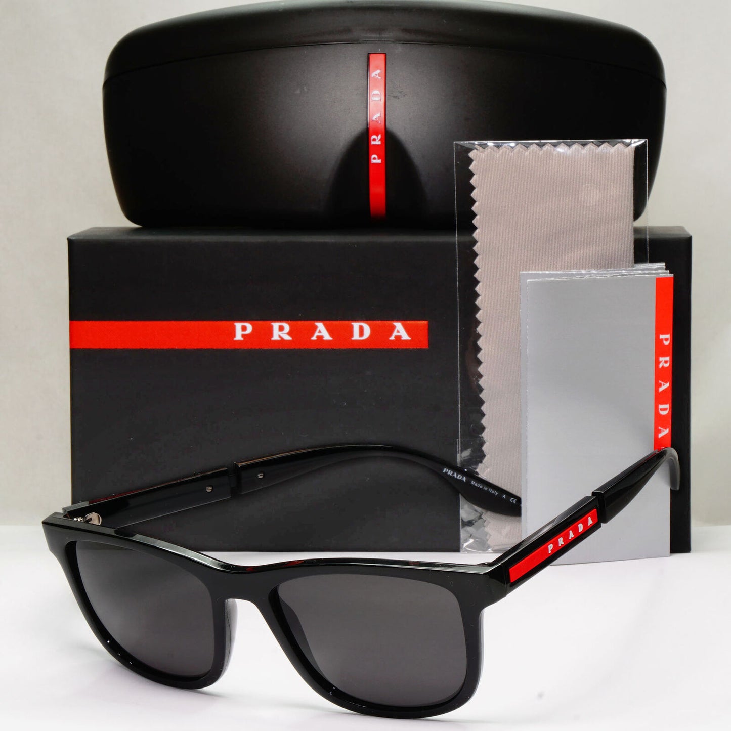 Prada Sunglasses Black Square Glossy Red Stripe PS04XS SPS 04X 1AB-5S0 54mm