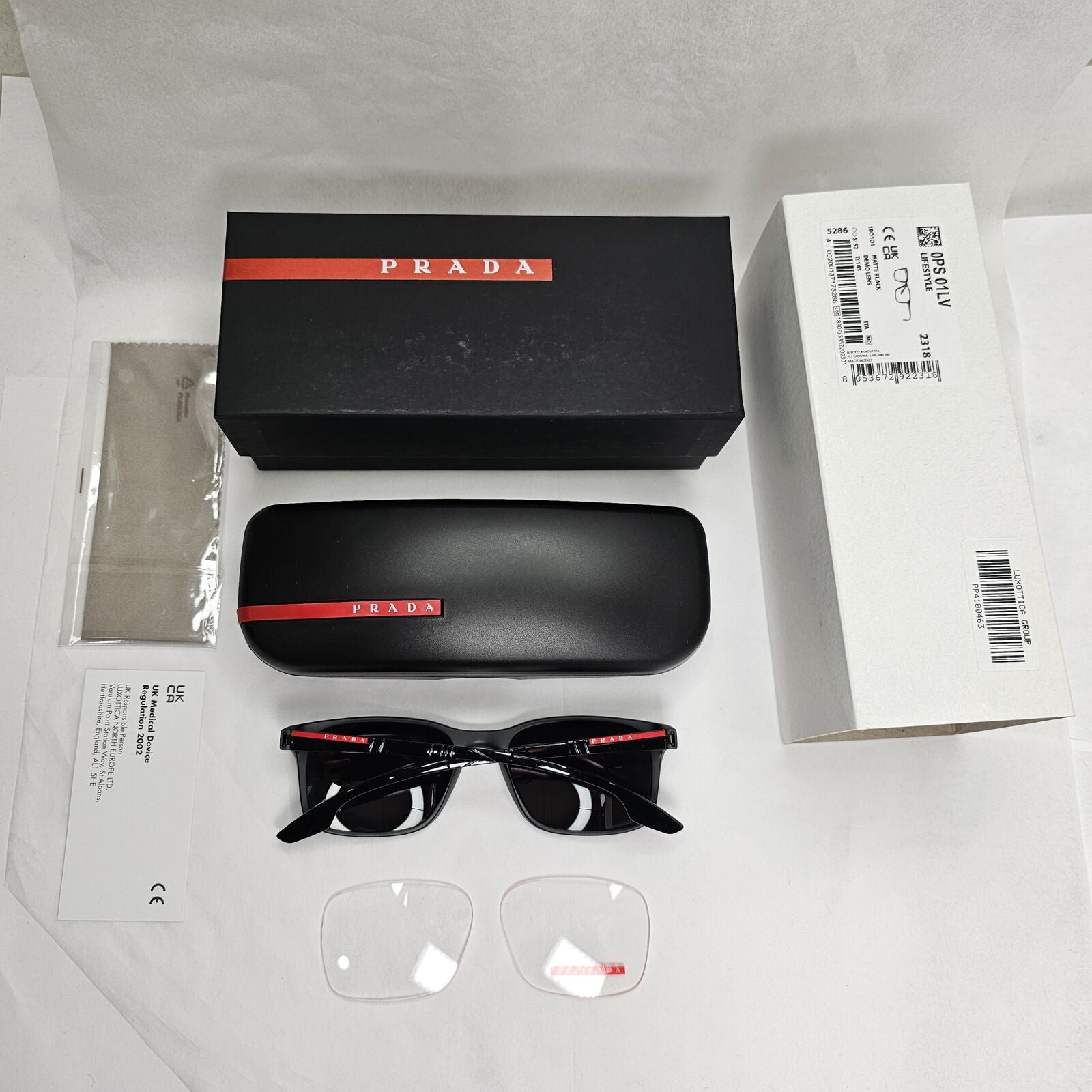 Prada Sunglasses Black Matte Square Red Stripe PS01LV VPS 01L 1BO-1O1 52mm