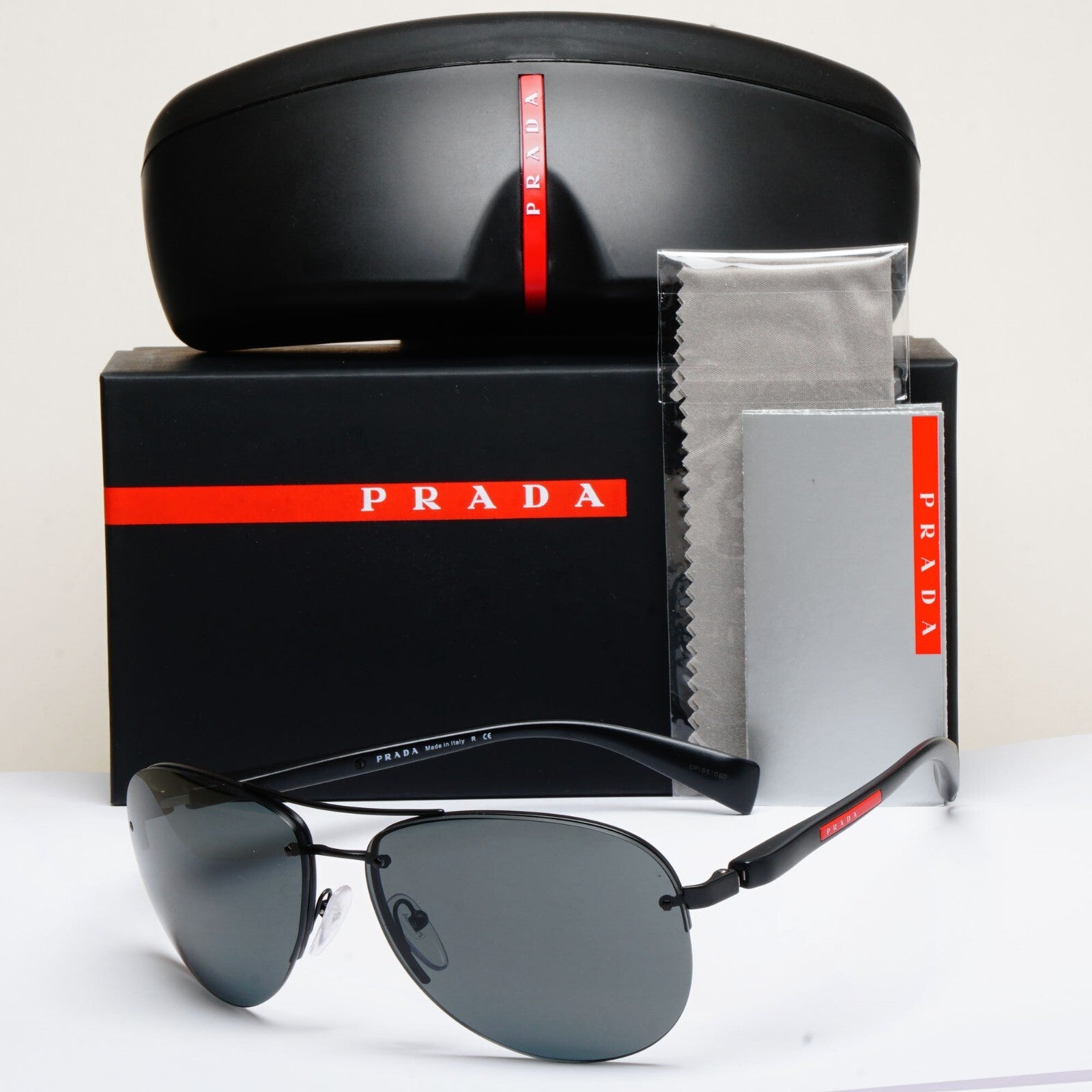 Prada Sunglasses Rimless Pilot Black Grey PS56MS SPS 56M 1BO-1A1 62mm