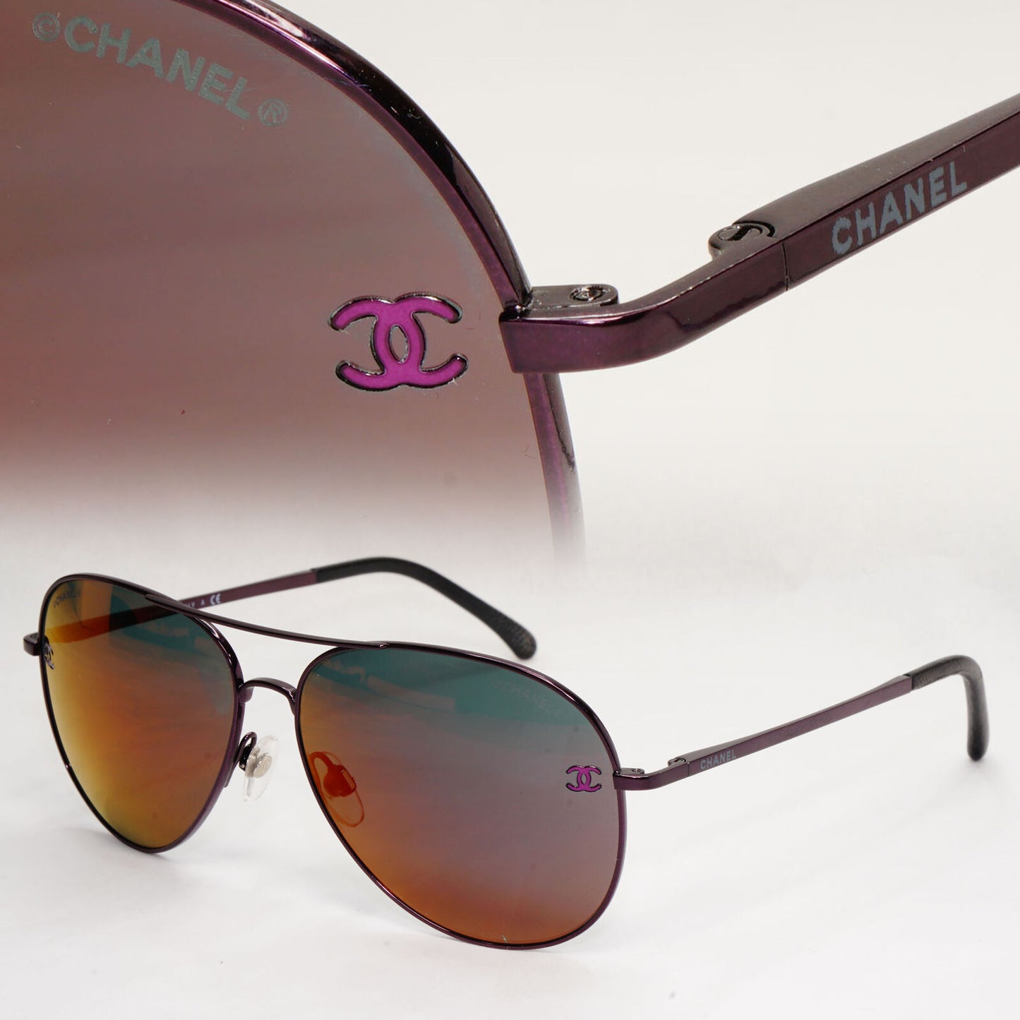 Chanel Sunglasses Grey Mauve Dark Purple Leather Pilot 4189-T-Q c.467/C1