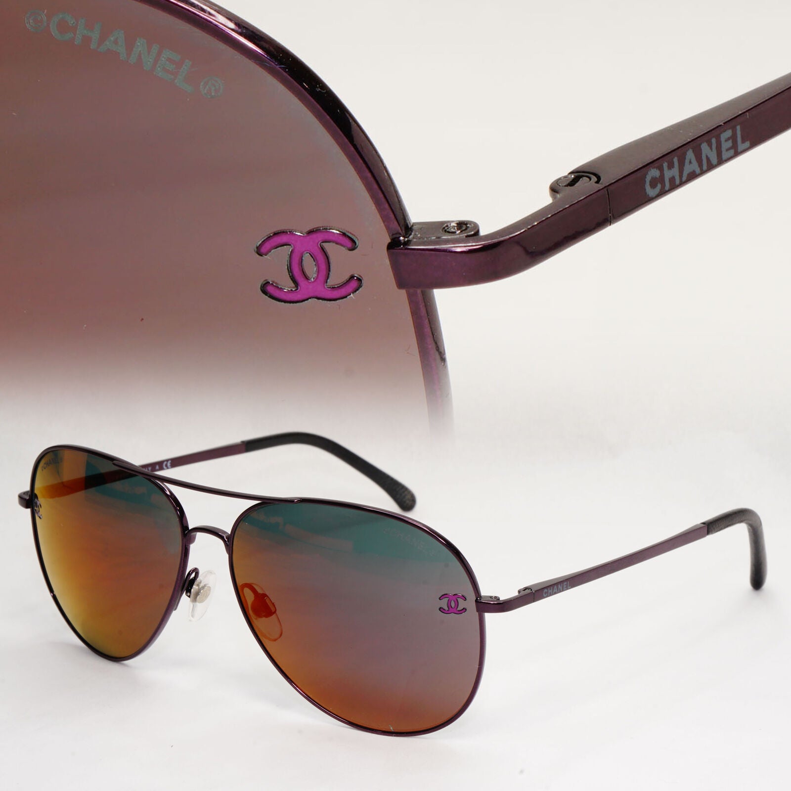 Chanel Sunglasses Grey Mauve Dark Purple Leather Pilot 4189-T-Q c.467/C1