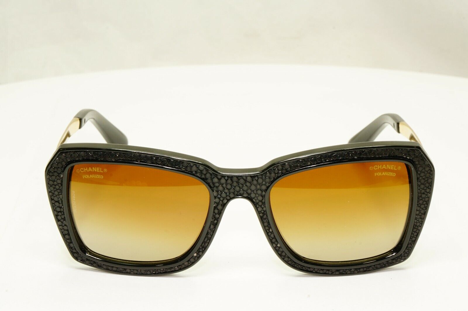 Chanel Stingray Leather Sunglasses Polarized Black Gold Brown 6047-Q 622/S9