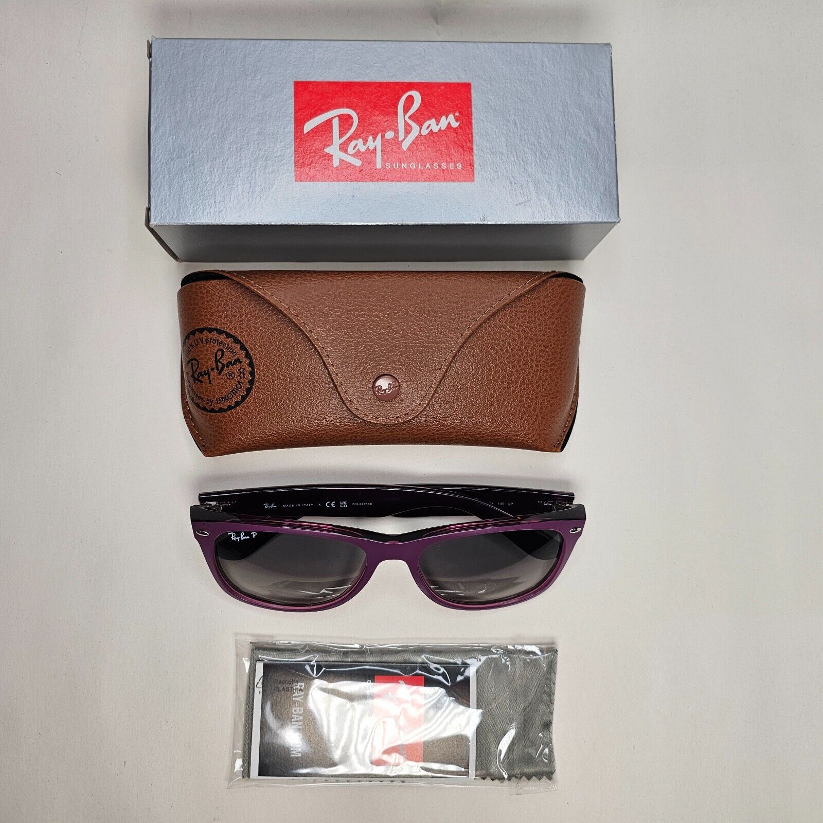 Ray-Ban Sunglasses Polarised New Wayfarer Grey Violet RB 2132 6606/M3 58mm Large